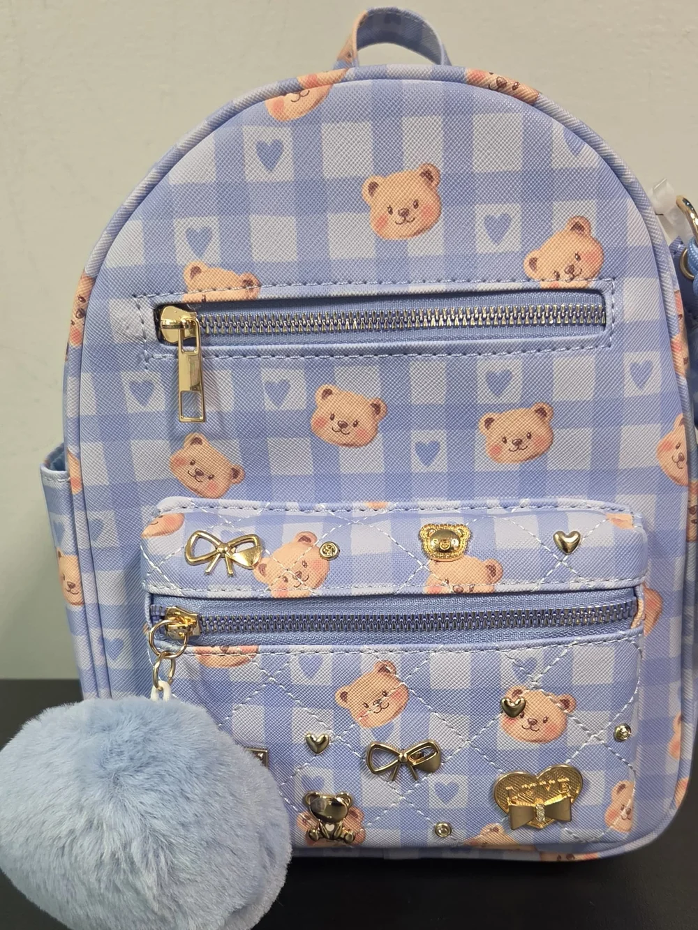 Under One Sky Light Blue Bear Mini Backpack with Pom Pom Charm